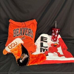 Orange Beavers Hoodie, OSU Stocking, Elmo Towel Set, and a Christmas Mug
